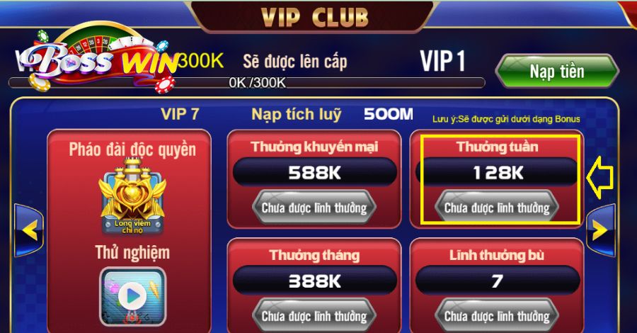 Tiền thưởng hàng tuần dành riêng cho cấp bậc VIP