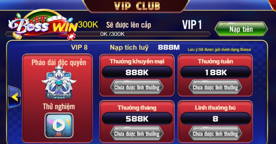 VIP 8 chỉ cần tích lũy đủ 888M tiền nạp thăng cấp