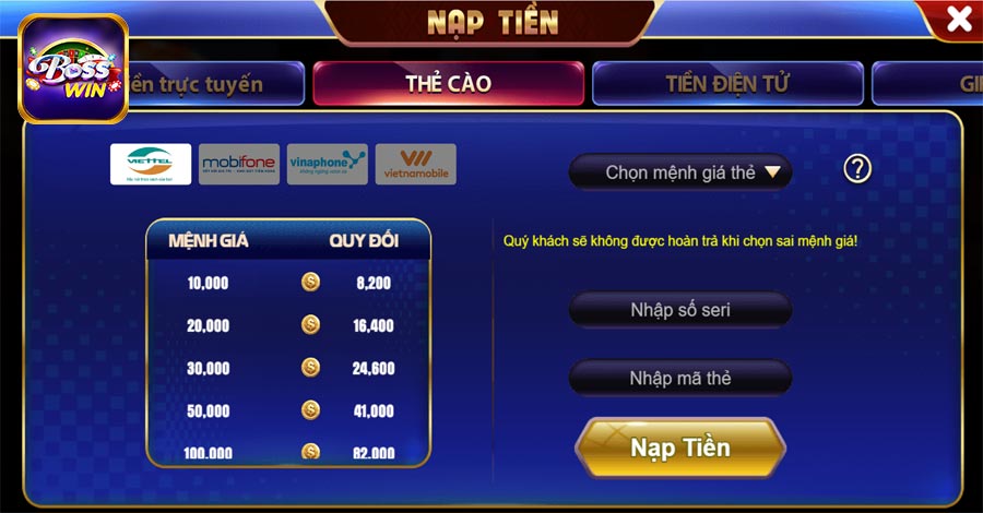 Nạp tiền qua thẻ cào